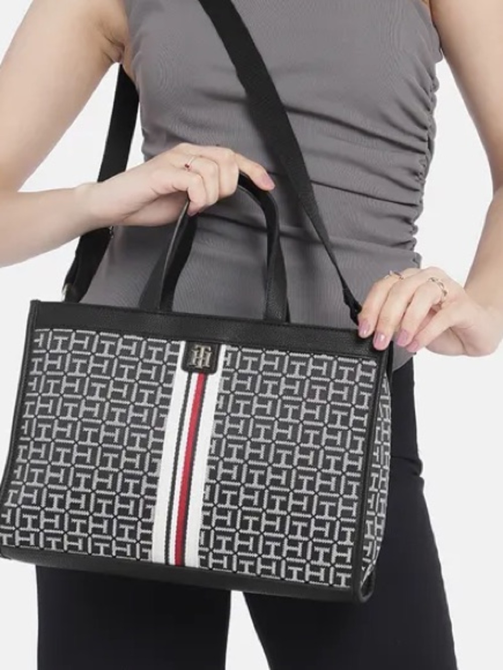 Tommy Hilfiger Monogram Logo Printed Tote Handheld Crossbody bag.